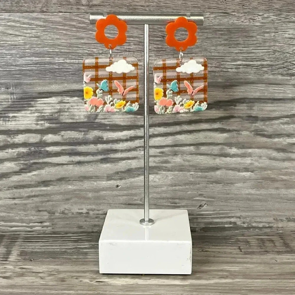 Acrylic Flatback Orange Floral Butterfly Dangle Earrings - Picture 4 of 8